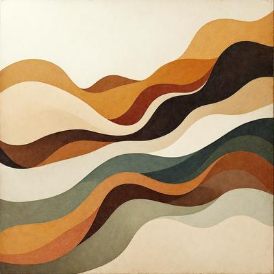 The primary subject of the image is a painting featuring a colorful, abstract design. The painting is set against a white background, which provides a clean and minimalist appearance. The visual style of the painting is a combination of digital art and illustration, creating a unique and eye-catching piece. The dominant colors in the painting are orange, green, and blue, which contribute to a vibrant and lively atmosphere.